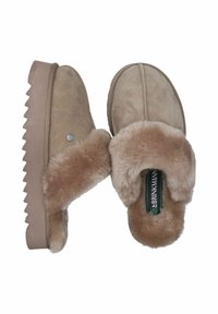 Suede slippers in beige with a soft fur lining. Features a textured, zigzag outsole and a branded label. Round toe design.