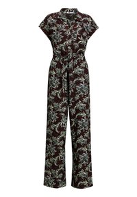 Blommönstrad byxdress i mörk vinröd, med korta ärmar, krage och ett åtsittande midjeband. Texturerad, lätt tyg.