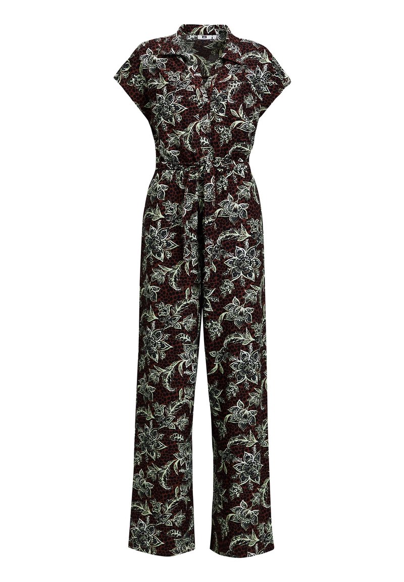 Blommönstrad byxdress i mörk vinröd, med korta ärmar, krage och ett åtsittande midjeband. Texturerad, lätt tyg.