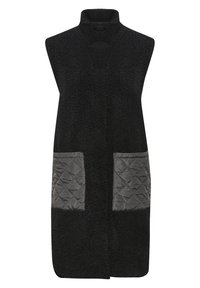 Gilet senza maniche di colore nero realizzato in materiale soffice, con due tasche grigie trapuntate a motivo romboidale. Design con colletto alto.