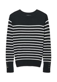 Schwarz-weiß gestreifter Pullover mit rundem Ausschnitt, langen Ärmeln und Knopfverzierungen an den Bündchen. Weiches Strickmaterial.