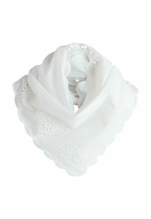 Weißer Stoffschal mit gewellten Kanten und herzförmiger Lochstickerei, gefaltet in dreieckiger Form.