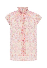 Korte mouwen blouse in lichtcrème stof met een roze bloemenpatroon, gathers bij de hals en knopen aan de voorkant. Kenmerkt zich door een ontspannen pasvorm en een zachte textuur.