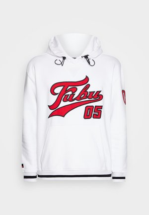 White hoodie with red embroidered "Tjubu" and "05." Features a front pocket, adjustable hood, and black and white striped cuffs.