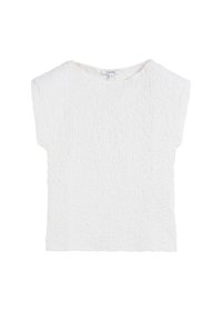Top blanco hecho de una tela texturizada, con un escote amplio y mangas cortas. El diseño tiene un acabado arrugado y un corte relajado.