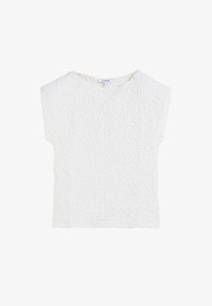 White top made of textured fabric, featuring a wide neckline and short sleeves. The design has a crinkled finish with a relaxed fit.