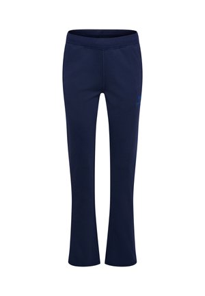 Navyblauwe sweatpants met elastische taille en rechte pijpen, subtiel merkembleem op de bovenkant van het dijbeen, getoond op een witte achtergrond.