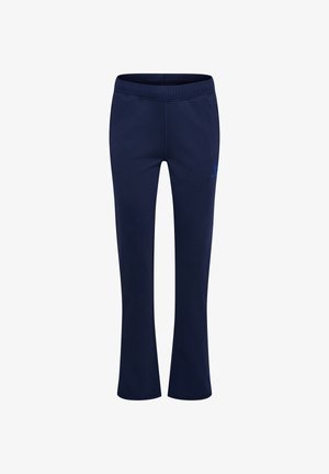 Navyblauwe sweatpants met elastische taille en rechte pijpen, subtiel merkembleem op de bovenkant van het dijbeen, getoond op een witte achtergrond.