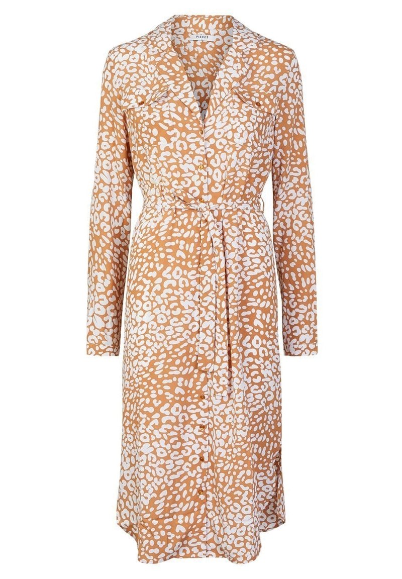 Dlouhé rukávy šaty v oranžovo-hnědé barvě s bílým abstraktním leopardím vzorem, s páskem v pase, límcem a délkou ke kolenům. Měkká textilie.
