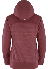 Veste bordeaux pour femme avec capuche, ourlet côtelé, manches unies et motif discret à rayures horizontales sur le panneau arrière.