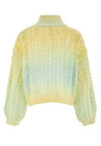 Maglione all'uncinetto in sfumature graduali di giallo e verde, con colletto alto e maniche voluminose con polsini a coste.