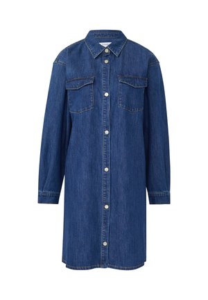 Blaues Jeanshemdkleid mit langen Ärmeln, vorderen Druckknöpfen und zwei aufgesetzten Brustklappen, mit klassischem Kragen.