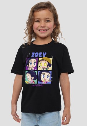 Black t-shirt featuring a graphic print of cartoon character Zoey in four colorful panels, showcasing different expressions and actions.