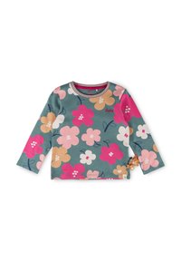 Langärmliges Baumwollhemd in Teal mit großem Blumenmuster in Pink, Beige und Weiß. Mit Rundhalsausschnitt und einem dekorativen Etikett.