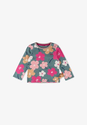 Langärmliges Baumwollhemd in Teal mit großem Blumenmuster in Pink, Beige und Weiß. Mit Rundhalsausschnitt und einem dekorativen Etikett.