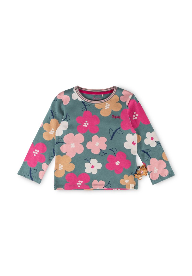 Langärmliges Baumwollhemd in Teal mit großem Blumenmuster in Pink, Beige und Weiß. Mit Rundhalsausschnitt und einem dekorativen Etikett.