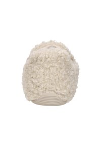 Crème-kleurige slipper met een textuur die zacht en fluffy aanvoelt. Heeft een afgeronde vorm en een stevige zool voor grip en comfort.
