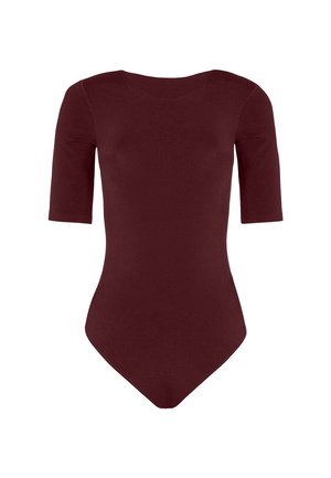 Bodysuit bordeaux avec une coupe ajustée, manches trois-quarts et col rond, fabriqué en tissu lisse et extensible. Couleur unie classique.