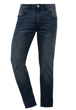 Dark blue denim jeans with a slim fit design, featuring subtle fading, five pockets, and a button closure at the waistband.