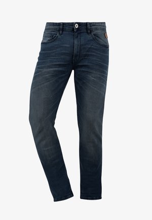Dark blue denim jeans with a slim fit design, featuring subtle fading, five pockets, and a button closure at the waistband.