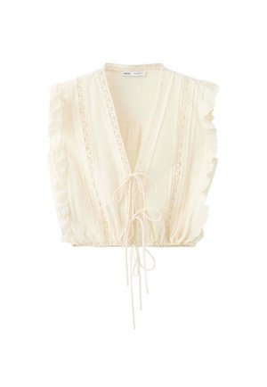 Cremefarbene ärmellose Bluse mit Spitzenbesatz, Rüschen an den Schultern, tiefem V-Ausschnitt und zwei Kordelzügen vorne und in der Taille.