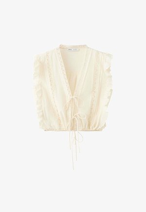Cremefarbene ärmellose Bluse mit Spitzenbesatz, Rüschen an den Schultern, tiefem V-Ausschnitt und zwei Kordelzügen vorne und in der Taille.