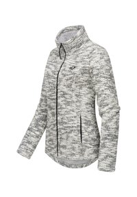 Tekstūrēta pelēka un balta zip-up fliša jaka ar augstu apkakli, melniem akcentiem un sānu kabatām. Mīksta auduma, nedaudz pagarināta aizmugure.