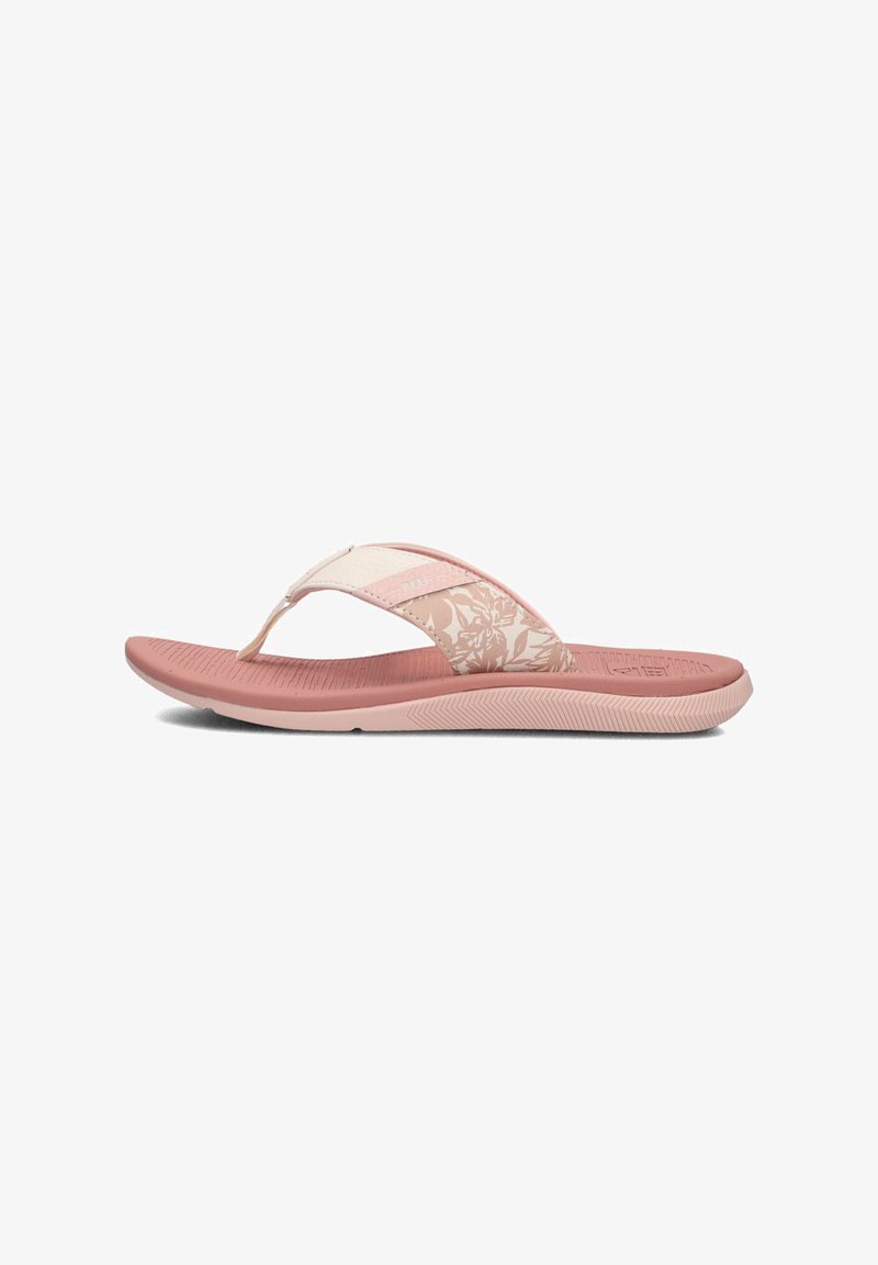 Roze teenslipper met een gestructureerde voetbed, een bloemenpatroon op de band en een gevoerde zool. Heeft een thong-stijl voor gemakkelijke draagbaarheid.