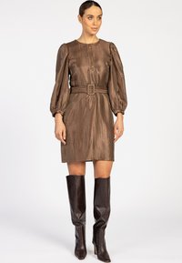Femme portant une robe ceinturée brillante de couleur marron avec des manches longues bouffantes et des bottes marron foncé jusqu'aux genoux, se tenant devant un fond blanc.