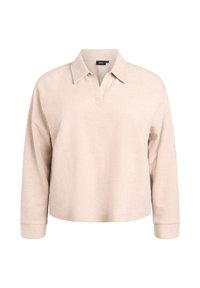 Beżowy sweter z długim rękawem, luźny krój, kołnierzyk i rozcięcie w kształcie V, wykonany z miękkiego materiału.