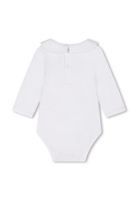 Body blanc à manches longues avec un col rond, fermeture à pression à l'arrière et poignets ajustés. Matière en coton doux, texture lisse.