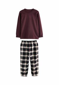 Long-sleeve maroon cotton shirt with a round neckline paired with black, green, and white plaid elastic-waist pajama pants.