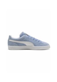 Baskets en daim bleu clair à semelle blanche, bande blanche Puma sur le côté et lacets bleu clair, vues de profil droit.