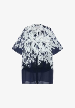 Durchscheinender marineblauer Mantel mit weißem und grauem Blumenmuster, mittellang, mit Dreiviertelärmeln und kragenlosem Ausschnitt.