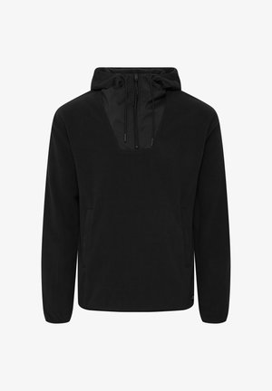 Black fleece pullover hoodie with a half-zip front, kangaroo pockets, and drawstring hood; smooth texture with a contrasting neck panel.