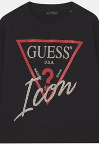 Felpa nera con un logo triangolare rosso contenente la scritta "GUESS U.S.A." e "Icon" in stile scrittura metallica argento. Tessuto strutturato con collo a coste.