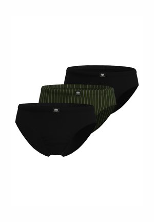 Drei Herren-Slips in Schwarz und Dunkelgrün mit weißen vertikalen Streifen, jeweils mit einem kleinen Logo vorne mittig am Bund.