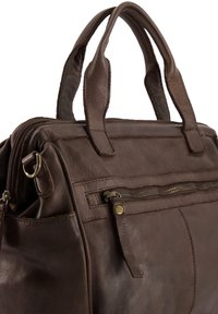 Brown leather handbag with two top handles, featuring a front zip pocket and subtle stitching details, showcasing a smooth texture.