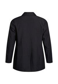 Black blazer, long sleeves, structured shoulder design, forward seams, smooth texture, notched collar, mid-length, tailored fit.