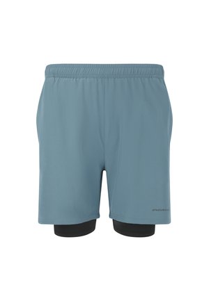 Shorts de sport bleus avec une taille élastique et une doublure intérieure noire. Fabriqués en tissu léger et respirant avec une texture lisse.