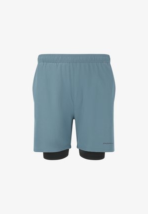 Blå atletiske shorts med en elastisk talje og et indvendigt sort for. Fremstillet af letvægts, åndbart stof med en glat overflade.