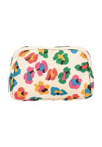 Borsa cosmetica in tessuto, presenta uno sfondo beige con macchie di leopardo colorate in rosa, blu, verde e giallo. Chiusura con zip nella parte superiore.