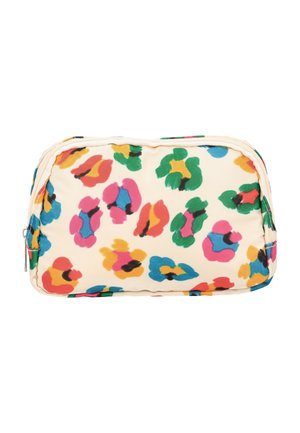 Borsa cosmetica in tessuto, presenta uno sfondo beige con macchie di leopardo colorate in rosa, blu, verde e giallo. Chiusura con zip nella parte superiore.