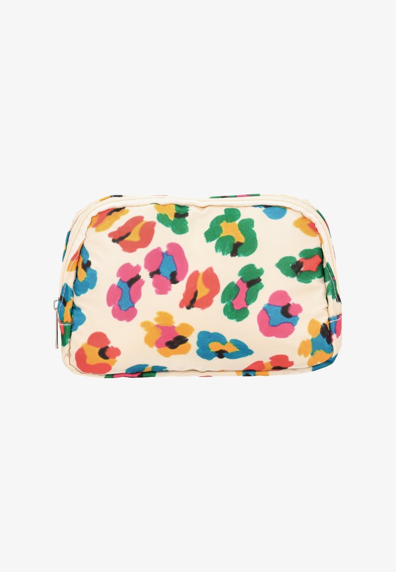 Borsa cosmetica in tessuto, presenta uno sfondo beige con macchie di leopardo colorate in rosa, blu, verde e giallo. Chiusura con zip nella parte superiore.