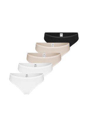 Five women's low-rise briefs in black, beige, and white, arranged in a staggered horizontal row on a white background.