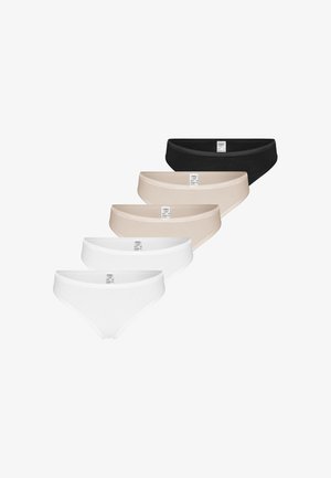 Five women's low-rise briefs in black, beige, and white, arranged in a staggered horizontal row on a white background.