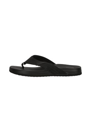 Chinelo noir avec une sangle texturée, une semelle rembourrée et un design plat, adapté pour un usage décontracté.