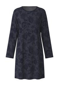 Vestito blu navy con maniche lunghe, scollatura rotonda e motivo floreale. Tessuto morbido con leggera lucentezza, lunghezza al ginocchio, materiale leggero.