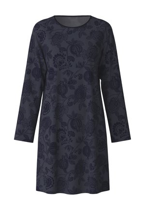 Vestito blu navy con maniche lunghe, scollatura rotonda e motivo floreale. Tessuto morbido con leggera lucentezza, lunghezza al ginocchio, materiale leggero.