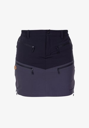 Kurzer Rock mit einem schwarz-grauen Farbblockdesign. Verfügt über mehrere mit Reißverschlüssen gesicherte Taschen und einen dehnbaren Bund für mehr Komfort.